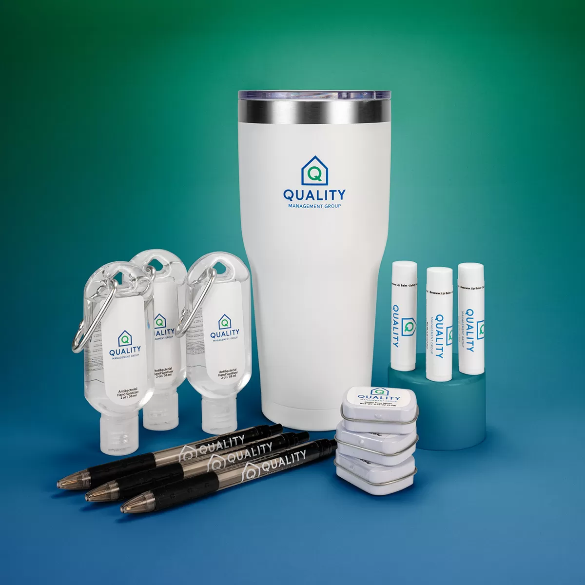 Promotional Items: Tumbler, Lip Balm, Mints, Pen Sanitizer